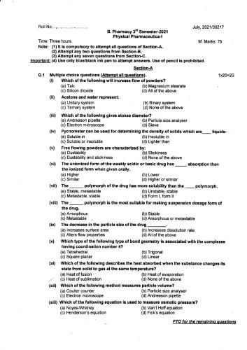 BP302T Physical pharmaceutics Question paper2021july 3rd Semester B.Pharmacy Previous Year's Question Paper,BP302T Physical Pharmaceutics I,BPharmacy,Previous Year's Question Papers,BPharm 3rd Semester,Physical Pharmaceutics,Question paper,
