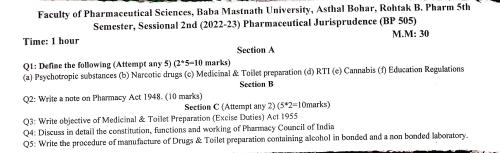 BMU pharmaceutical jurisprudence 2nd sessional  5th Semester B.Pharmacy Previous Year's Question Paper,BP505T Pharmaceutical Jurisprudence,BPharmacy,BPharm 5th Semester,Previous Year's Question Papers,