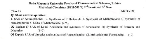 BMU Medicinal Chemistry sessional  5th Semester B.Pharmacy Previous Year's Question Paper,BP501T Medicinal Chemistry II,BPharmacy,BPharm 5th Semester,Previous Year's Question Papers,Baba Mastnath University (BMU),Sessional,Sessional,