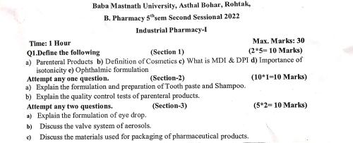 BMU Industrial Pharmacy sessional  5th Semester B.Pharmacy Previous Year's Question Paper,BP502T Formulative (Industrial) Pharmacy,BPharmacy,BPharm 5th Semester,Previous Year's Question Papers,Baba Mastnath University (BMU),Sessional,Sessional,