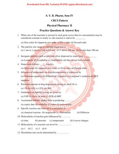 Physical Pharmacy II Practice Questions 4th Semester B.Pharmacy Previous Year's Question Paper,BP403T Physical Pharmaceutics II,BPharmacy,Previous Year's Question Papers,BPharm 4th Semester,