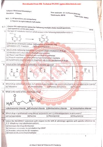 Medicinal Chemistry 1 4th Semester B.Pharmacy Previous Year's Question Paper,BP402T Medicinal Chemistry I,BPharmacy,Previous Year's Question Papers,BPharm 4th Semester,