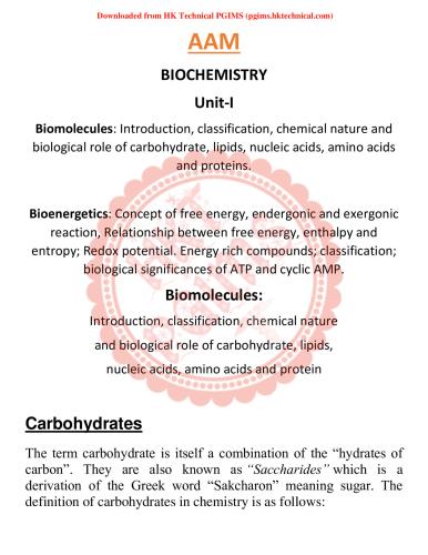 Unit 1 Biomolecules Bioenergetics 2nd Semester B.Pharmacy Lecture Notes,BP203T Biochemistry,