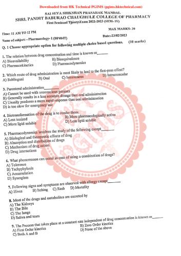 Pharmacology-I 1st sessional S.P.B.C.COP 4th Semester B.Pharmacy Previous Year's Question Paper,BP404T Pharmacology I,BPharmacy,Previous Year's Question Papers,BPharm 4th Semester,Sharada kadu - S.P.B.C.COP,Shri pandit baburao chaughule college of pharmacy,