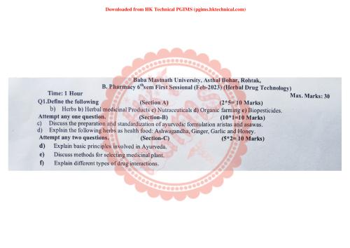 BMU HDT sessional  6th Semester B.Pharmacy Previous Year's Question Paper,BP603T Herbal Drug Technology,BPharmacy,Previous Year's Question Papers,BPharm 6th Semester,Baba Mastnath University (BMU),Sessional,Sessional,