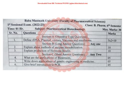 BMU Pharmaceutical biotechnology sessional  6th Semester B.Pharmacy Previous Year's Question Paper,BP605T Pharmaceutical Biotechnology,BPharmacy,Previous Year's Question Papers,BPharm 6th Semester,Baba Mastnath University (BMU),Sessional,Sessional,