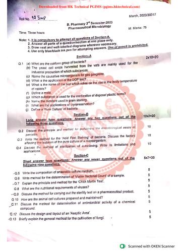 Microbiology Supple 3rd Semester B.Pharmacy Previous Year's Question Paper,BP303T Pharmaceutical Microbiology,BPharmacy,Previous Year's Question Papers,BPharm 3rd Semester,PGIMS Question Paper,Pharmaceutical Microbiology,