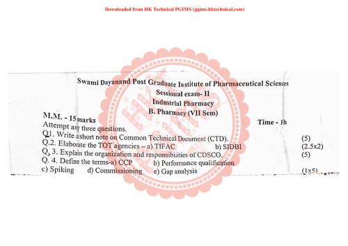 Industrial pharmacy 2nd sessional SDPGIPS 7th Semester B.Pharmacy Previous Year's Question Paper,BP702T Industrial Pharmacy,BPharmacy,BPharm 7th Semester,Previous Year's Question Papers,PGIMS Question Paper,Industrial Pharmacy,SDPGIPS UHS Rohtak,University of Health Sciences Rohtak (UHSR),