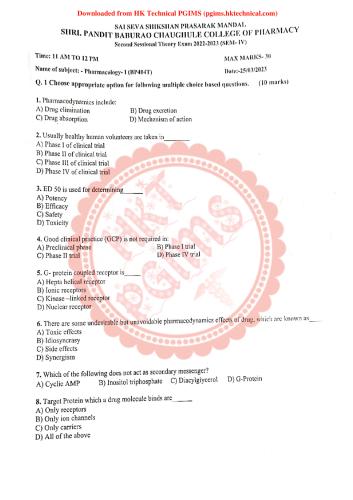 Pharmacology-1 second sessional S.P.B.C.COP  4th Semester B.Pharmacy Previous Year's Question Paper,BP404T Pharmacology I,BPharmacy,Previous Year's Question Papers,BPharm 4th Semester,Sharada kadu - S.P.B.C.COP,Shri pandit baburao chaughule college of pharmacy,