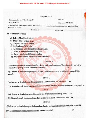 BPT363 Biomechanics and Kinesiology II GJU 6th Semester Bachelor of Physiotherapy Previous Year's Question Paper,BPT363 Biomechanics and Kinesiology II,Previous Year's Question Papers,Guru Jambheshwar University (GJU),Bachelor of Physiotherapy,Bachelor of Physiotherapy 6th Semester,