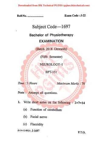 BPT351 Neurology-I GJU 5th Semester Bachelor of Physiotherapy Previous Year's Question Paper,BPT351 Neurology-I,Previous Year's Question Papers,Guru Jambheshwar University (GJU),Bachelor of Physiotherapy,Bachelor of Physiotherapy 5th Semester,
