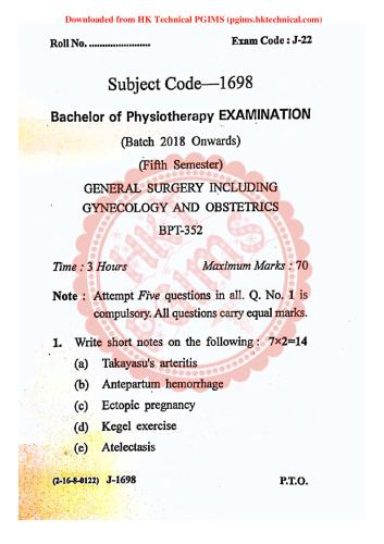 BPT352 General Surgery including Gynaecology and Obstetrics GJU 5th Semester Bachelor of Physiotherapy Previous Year's Question Paper,BPT352 General Surgery including Gynaecology and Obstetrics,Previous Year's Question Papers,Guru Jambheshwar University (GJU),Bachelor of Physiotherapy,Bachelor of Physiotherapy 5th Semester,