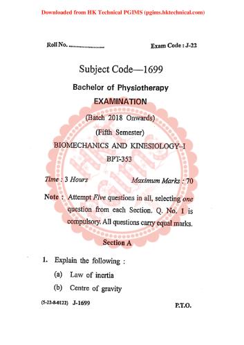 BPT353 Biomechanics and Kinesiology-I GJU 5th Semester Bachelor of Physiotherapy Previous Year's Question Paper,BPT353 Biomechanics and Kinesiology-I,Previous Year's Question Papers,Guru Jambheshwar University (GJU),Bachelor of Physiotherapy,Bachelor of Physiotherapy 5th Semester,