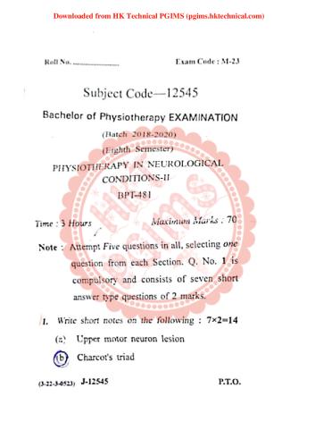 BPT481 Physiotherapy in Neurological Conditions-II GJU 8th Semester Bachelor of Physiotherapy Previous Year's Question Paper,BPT481 Physiotherapy in Neurological Conditions-II,Previous Year's Question Papers,Guru Jambheshwar University (GJU),Bachelor of Physiotherapy,Bachelor of Physiotherapy 8th Semester,