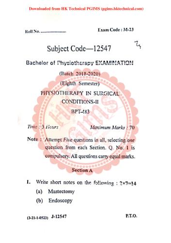 BPT483 Physiotherapy in Surgical Conditions-II GJU 8th Semester Bachelor of Physiotherapy Previous Year's Question Paper,BPT483 Physiotherapy in Surgical Conditions-II,Previous Year's Question Papers,Guru Jambheshwar University (GJU),Bachelor of Physiotherapy,Bachelor of Physiotherapy 8th Semester,