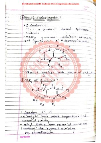 synthetic anti infective agent quinolones 6th Semester B.Pharmacy ,BP601T Medicinal chemistry III,BPharmacy,Handwritten Notes,BPharm 6th Semester,Important Exam Notes,