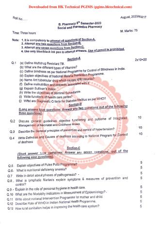 Social and Preventive Pharmacy UHSR PGIMS 8th Semester B.Pharmacy Previous Year's Question Paper,BP802T Social and Preventive Pharmacy,BPharmacy,BPharm 8th Semester,Previous Year's Question Papers,PGIMS Question Paper,Social and Preventive Pharmacy,University of Health Sciences Rohtak (UHSR),