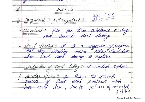 Coagulants 5th Semester B.Pharmacy ,BP503T Pharmacology II,BPharmacy,Handwritten Notes,BPharm 5th Semester,Important Exam Notes,