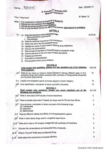 Medicinal chemistry  5th Semester B.Pharmacy Previous Year's Question Paper,BP501T Medicinal Chemistry II,
