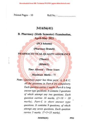 Pharmaceutical Quality Assurance SNPV Rajgarh 6th Semester B.Pharmacy Previous Year's Question Paper,BP606T Quality Assurance,BPharmacy,Previous Year's Question Papers,BPharm 6th Semester,Quality Assurance,Shaheed Nandkumar Patel Vishwavidyalaya (SNPV) Rajgarh,