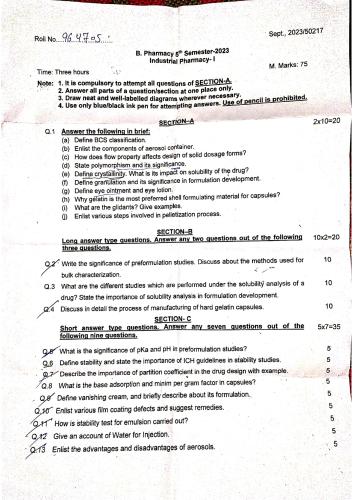 BP 502T industrial pharmacy 5th Semester B.Pharmacy Previous Year's Question Paper,BP502T Formulative (Industrial) Pharmacy,BPharmacy,BPharm 5th Semester,Previous Year's Question Papers,