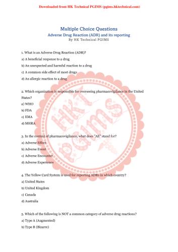 Pharmacovigilance Quiz: MCQs on ADR, Reporting, Yellow Card 8th Semester B.Pharmacy Practice Material/Mock Test,BP805ET Pharmacovigilance,BPharmacy,Handwritten Notes,BPharm 6th Semester,Important Exam Notes,