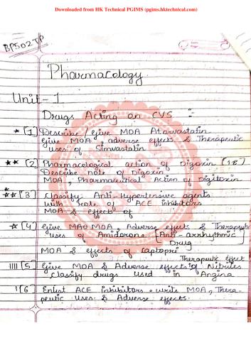 Pharmacology Important Questions 4th Semester B.Pharmacy Practice Material/Mock Test,BP404T Pharmacology I,