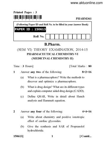 pharmaceutical chemistry AKTU 6th Semester B.Pharmacy Previous Year's Question Paper,BP601T Medicinal chemistry III,