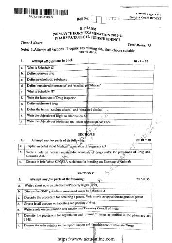 bpharm 5 sem pharmaceutical jurisprudence bp505t 202 1 5th Semester B.Pharmacy Previous Year's Question Paper,BP505T Pharmaceutical Jurisprudence,Dr. A.P.J. Abdul Kalam Technical University Uttar Pradesh (AKTU),