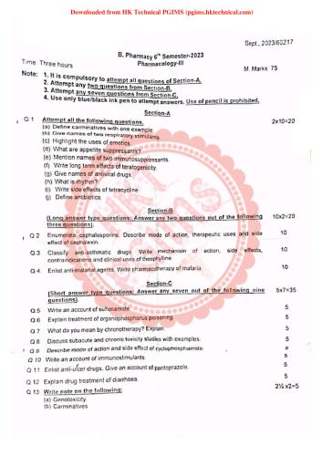 BP602T Pharmacology III, Sept 2023 UHSR 6th Semester B.Pharmacy Previous Year's Question Paper,BP602T Pharmacology III,Pharmacology,BPharm 6th Semester,PGIMS Question Paper,SDPGIPS UHS Rohtak,University of Health Sciences Rohtak (UHSR),