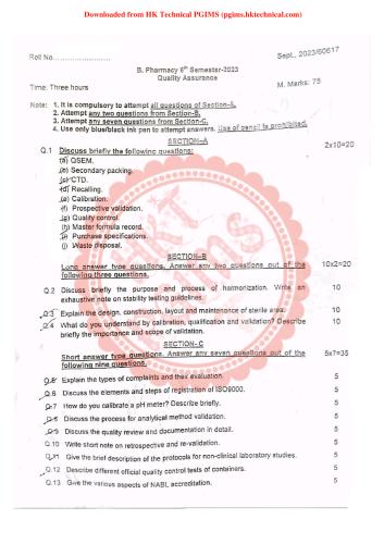 BP606T Quality Assurance UHSR 6th Semester B.Pharmacy Previous Year's Question Paper,BP606T Quality Assurance,Previous Year's Question Papers,PGIMS Question Paper,University of Health Sciences Rohtak (UHSR),