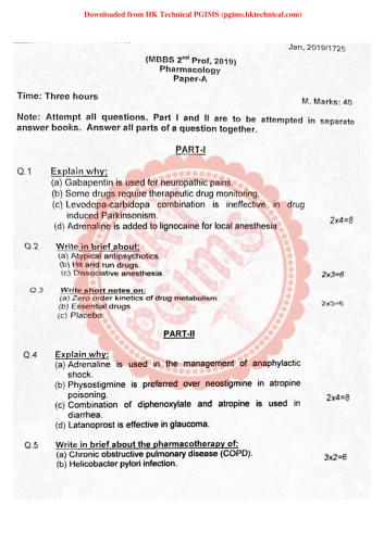 Pharmacology Paper-A & B, JAN 2019 2nd Year Bachelor of Medicine and Bachelor of Surgery Previous Year's Question Paper,Pharmacology,Previous Year's Question Papers,MBBS,