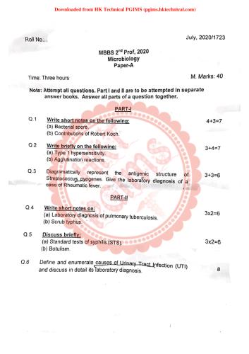 Microbiology Paper-A & B, July 2020 2nd Year Bachelor of Medicine and Bachelor of Surgery Previous Year's Question Paper,Microbiology,Previous Year's Question Papers,PGIMS Question Paper,University of Health Sciences Rohtak (UHSR),MBBS,