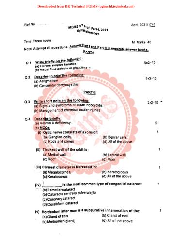 Ophthalmology, April 2021 3rd Year Bachelor of Medicine and Bachelor of Surgery Previous Year's Question Paper,Ophthalmology,PGIMS Question Paper,University of Health Sciences Rohtak (UHSR),MBBS,,,