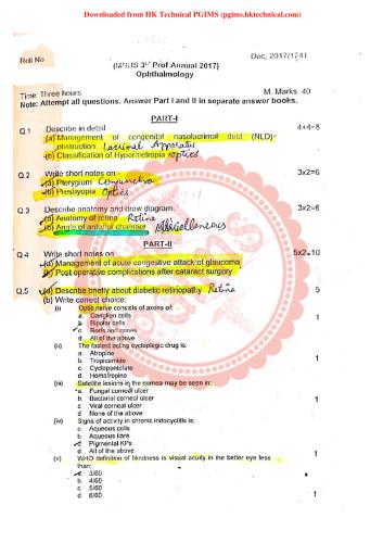 Ophthalmology, Dec 2017 3rd Year Bachelor of Medicine and Bachelor of Surgery Previous Year's Question Paper,Ophthalmology,PGIMS Question Paper,University of Health Sciences Rohtak (UHSR),MBBS,,,