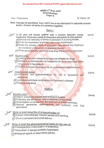 Pharmacology Paper-A & B, July 2020 2nd Year Bachelor of Medicine and Bachelor of Surgery Previous Year's Question Paper,Pharmacology,PGIMS Question Paper,University of Health Sciences Rohtak (UHSR),MBBS,