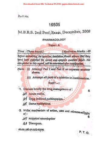Pharmacology Paper-A & B, 2008 2nd Year Bachelor of Medicine and Bachelor of Surgery Previous Year's Question Paper,Pharmacology,Pharmacology,PGIMS Question Paper,University of Health Sciences Rohtak (UHSR),MBBS,