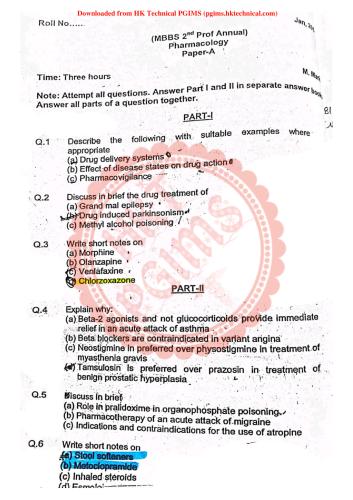 Pharmacology Paper-A & B, Jan 2014 2nd Year Bachelor of Medicine and Bachelor of Surgery Previous Year's Question Paper,Pharmacology,Pharmacology,PGIMS Question Paper,University of Health Sciences Rohtak (UHSR),MBBS,