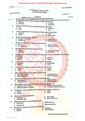 Herbal Drug Technology, April 2021 Supple UHSR 6th Semester B.Pharmacy Previous Year's Question Paper,BP603T Herbal Drug Technology,
