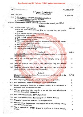 Medicinal Chemistry Feb 2022 UHSR 6th Semester B.Pharmacy Previous Year's Question Paper,BP601T Medicinal chemistry III,BPharm 6th Semester,Medicinal Chemistry,Privious year question paper 2023,Imp question for 6th sem,