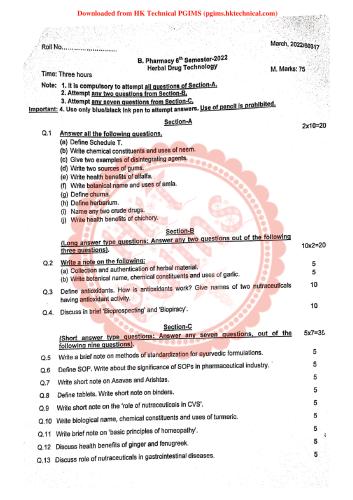 Herbal Drug Technology (Supple) March 2022 UHSR 6th Semester B.Pharmacy Previous Year's Question Paper,BP603T Herbal Drug Technology,BPharm 6th Semester,Herbal Drug Technology,Imp question for 6th sem,HDT,