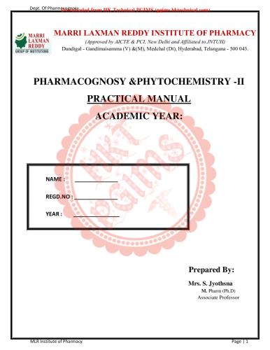 PHARMACOGNOSY PHYTOCHEMISTRY II LAB MANUAL 3rd Year B.Pharmacy Lecture Notes,BP504T Pharmacognosy and Phytochemistry II,