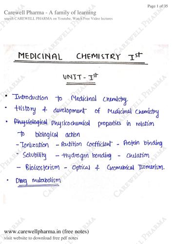 Unit 1  Medicinal Cheimstry 1  B Pharmacy 4th Sem   4th Semester B.Pharmacy Lecture Notes,BP402T Medicinal Chemistry I,