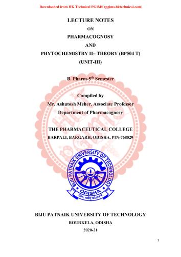 BP504T PGPC UNIT III 5th Semester B.Pharmacy Lecture Notes,BP504T Pharmacognosy and Phytochemistry II,Pharmacognosy and Phytochemistry,