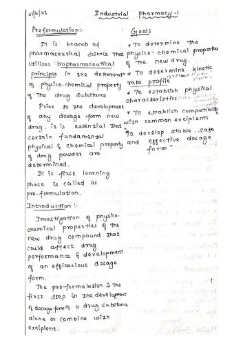 Preformulation Handwritten IP 5th Semester B.Pharmacy Lecture Notes,BP702T Industrial Pharmacy,