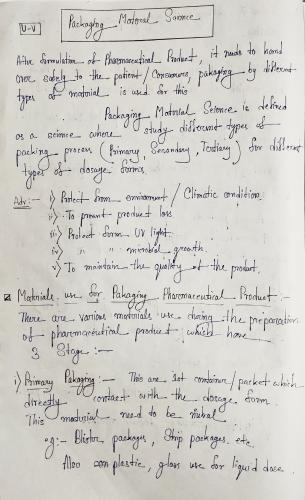 U-V ( Packaging Material Science ), Industrial Pharmacy I 5th Semester B.Pharmacy Lecture Notes,BP702T Industrial Pharmacy,