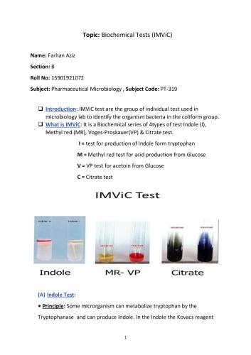 U-II Biochemical Tests ( IMViC ), Pharmaceutical Microbiology 3rd Semester B.Pharmacy Assignments,BP303T Pharmaceutical Microbiology,