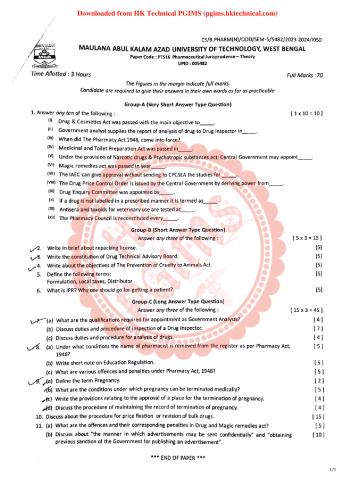 PT516 Pharmaceutical Jurisprudence 5th Semester B.Pharmacy Previous Year's Question Paper,BP505T Pharmaceutical Jurisprudence,