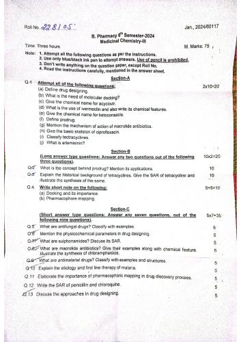 Medicinal chemistry, Jan 2024, UHSR 6th Semester B.Pharmacy Previous Year's Question Paper,BP601T Medicinal chemistry III,University of Health Sciences Rohtak (UHSR),Question paper,2024,Medicinal chemistry,