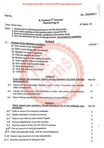 Pharmacology, Jan 2024, UHSR 6th Semester B.Pharmacy Previous Year's Question Paper,BP602T Pharmacology III,PGIMS Question Paper,University of Health Sciences Rohtak (UHSR),
